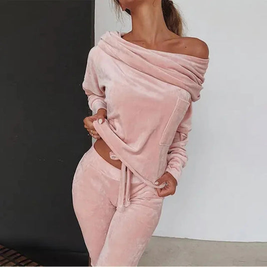 Off-the-Shoulder Velvet Pajama Set